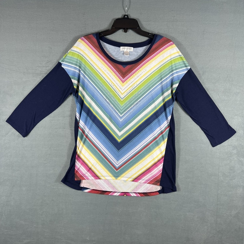 Christopher & Banks Women's L Ribbed Knit Top Multi-Color Chevron Rhinestone 3/4